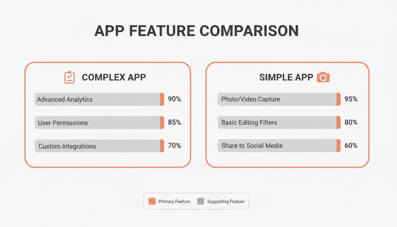 App feature comparison chart showing complex and simple app features with percentage bars and a legend.