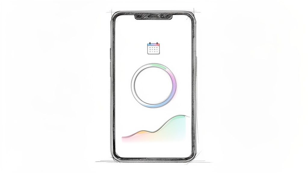 A hand-drawn sketch of a smartphone showing a calendar, a colorful progress circle, and a wavy graph.