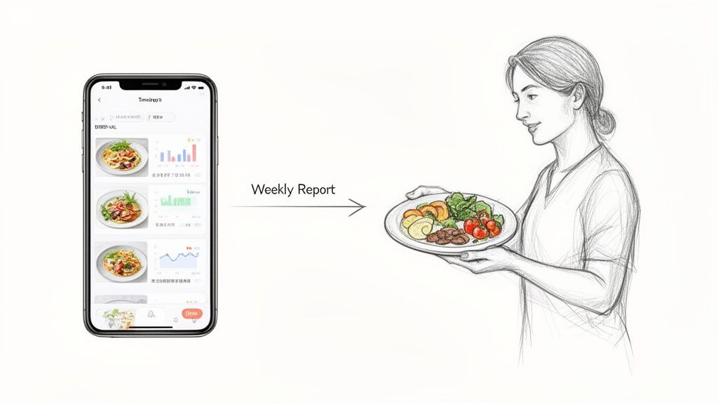 A smartphone app displays meal tracking and health data, leading to a woman holding a plate of healthy food, representing a weekly report.