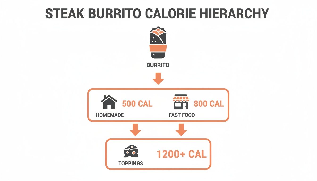 Infographic showing steak burrito calorie hierarchy: homemade (500 cal), fast food (800 cal), toppings (1200+ cal).