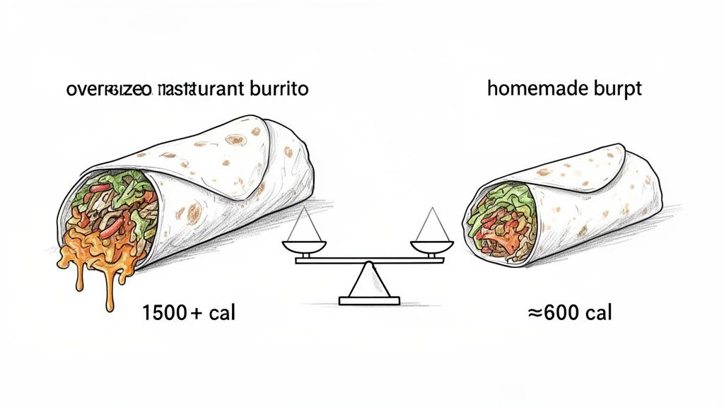 A visual comparison highlighting the calorie difference between an oversized restaurant burrito and a smaller homemade one, with a scale.