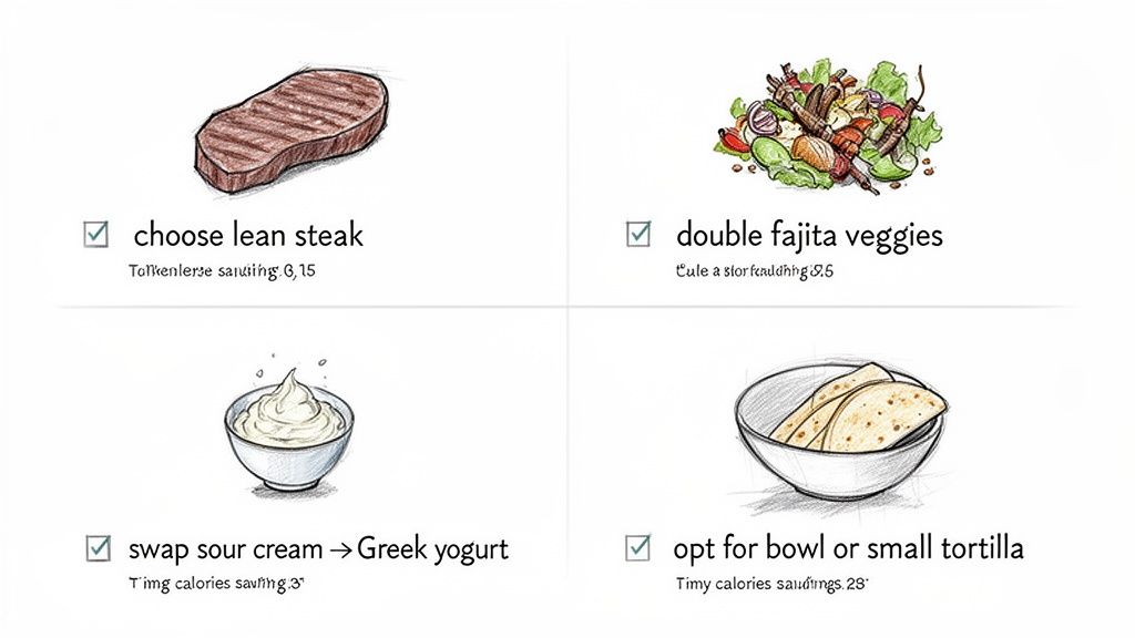 Four panels depicting healthy food choices: lean steak, double fajita veggies, Greek yogurt, and small tortillas.