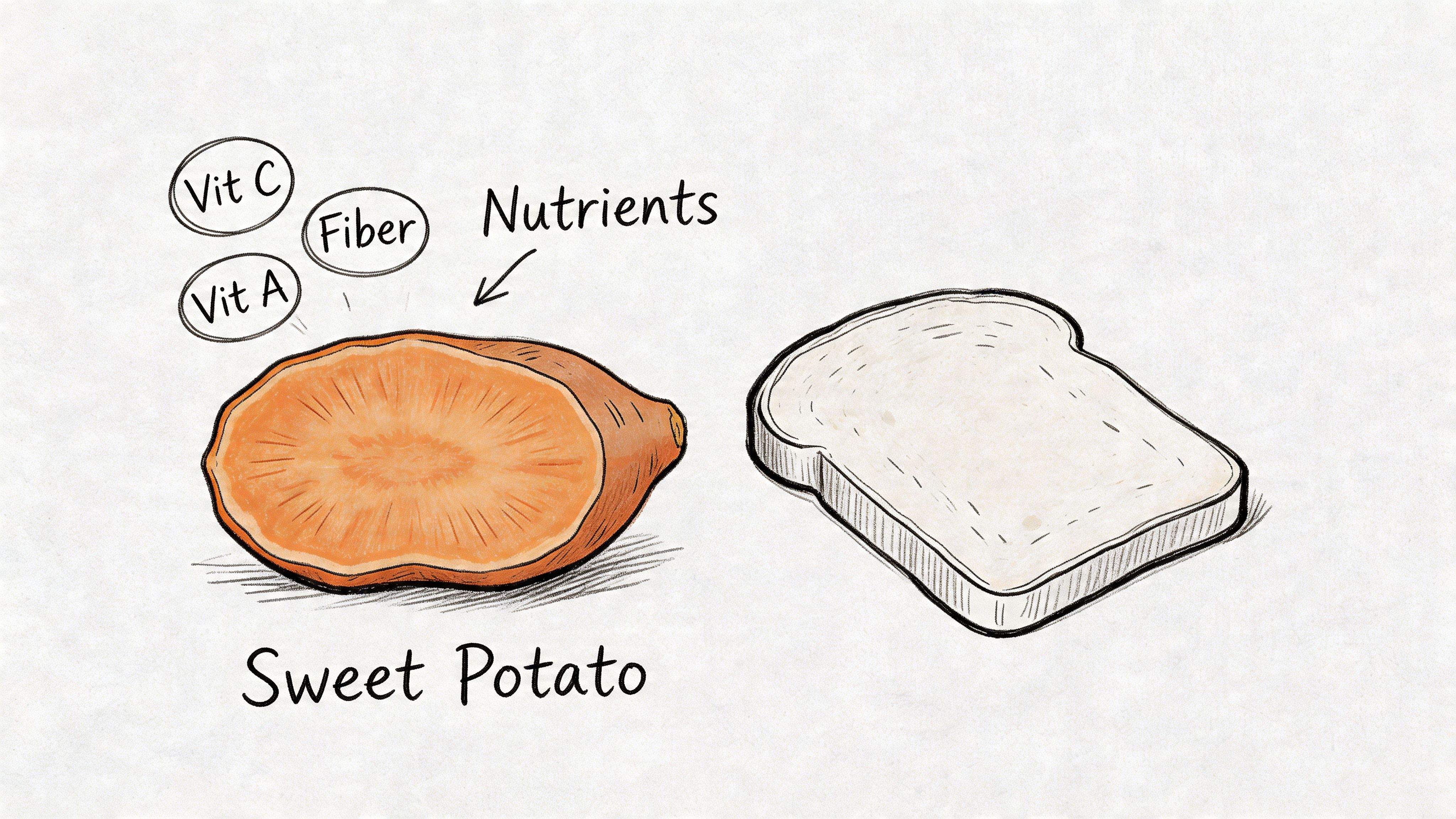 A hand-drawn comparison illustration featuring a nutritious sweet potato and a slice of white bread.