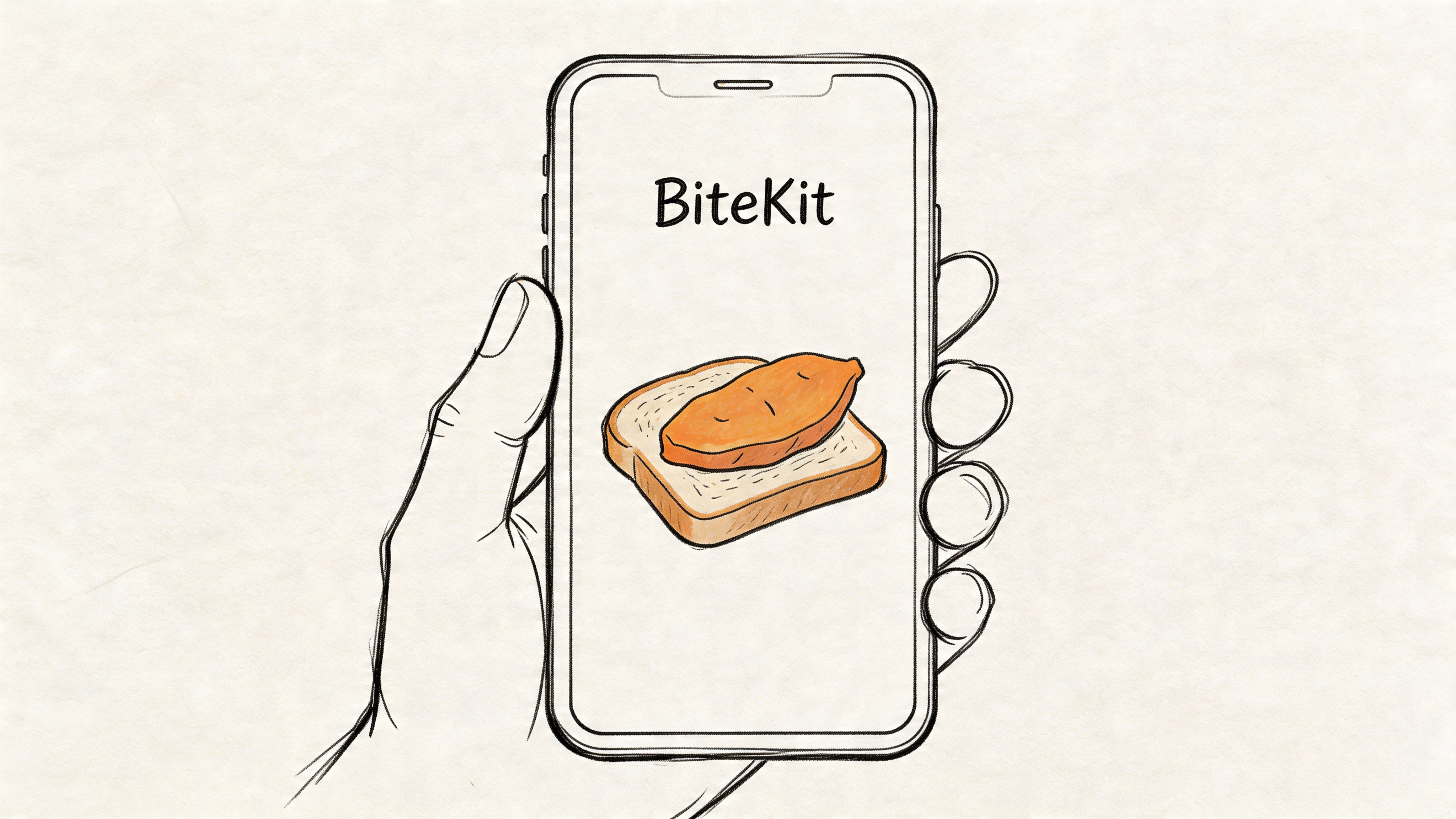 A hand-drawn illustration of a smartphone displaying a sweet potato slice on toast, labeled BiteKit.