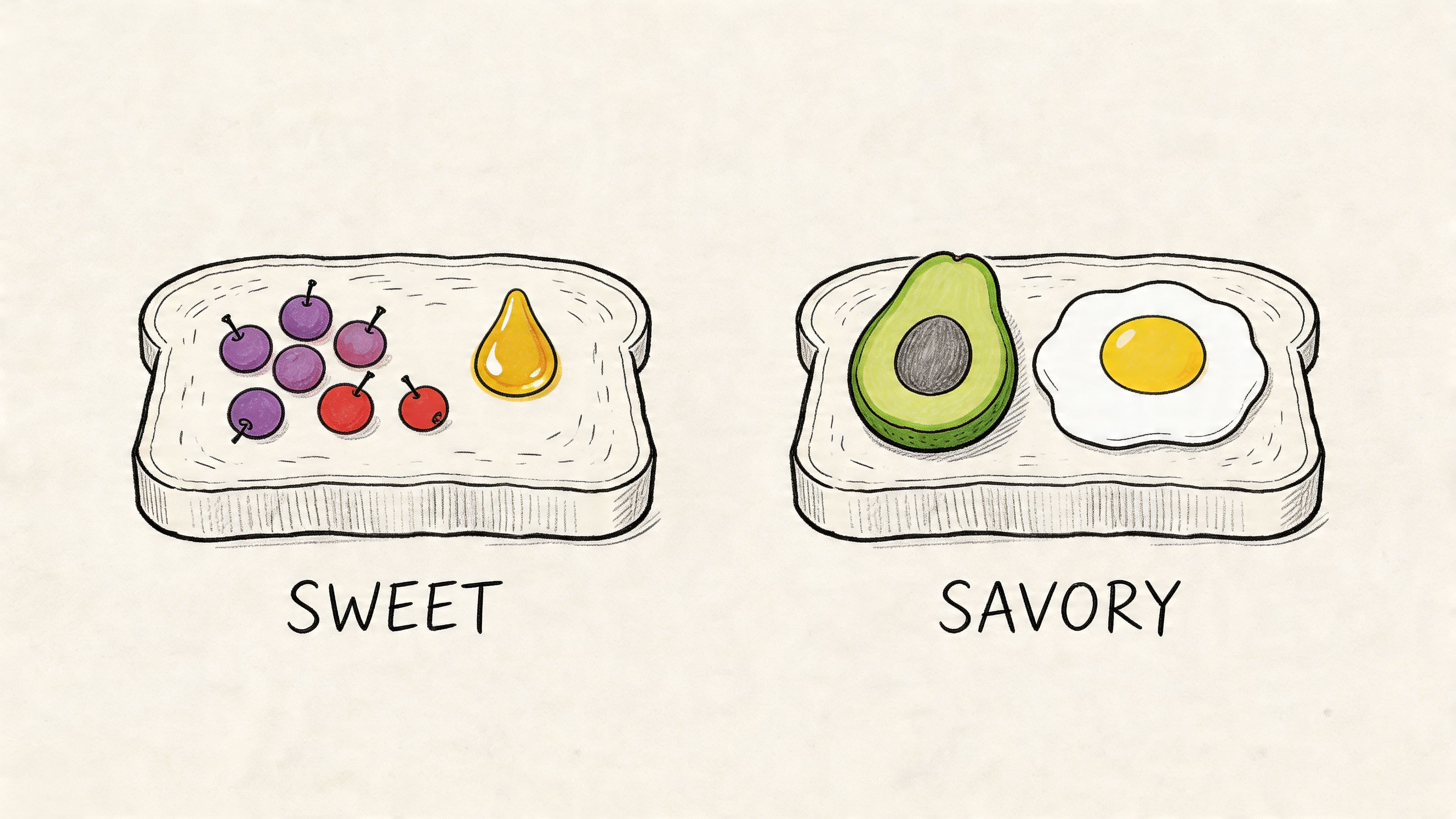 A hand-drawn illustration showing two slices of bread, one topped with sweet fruits and honey, the other with savory avocado and egg.