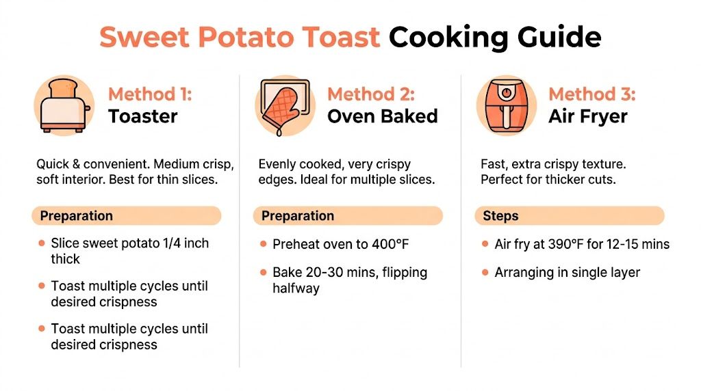 A cooking guide for sweet potato toast showing three methods using a toaster, oven, and air fryer.