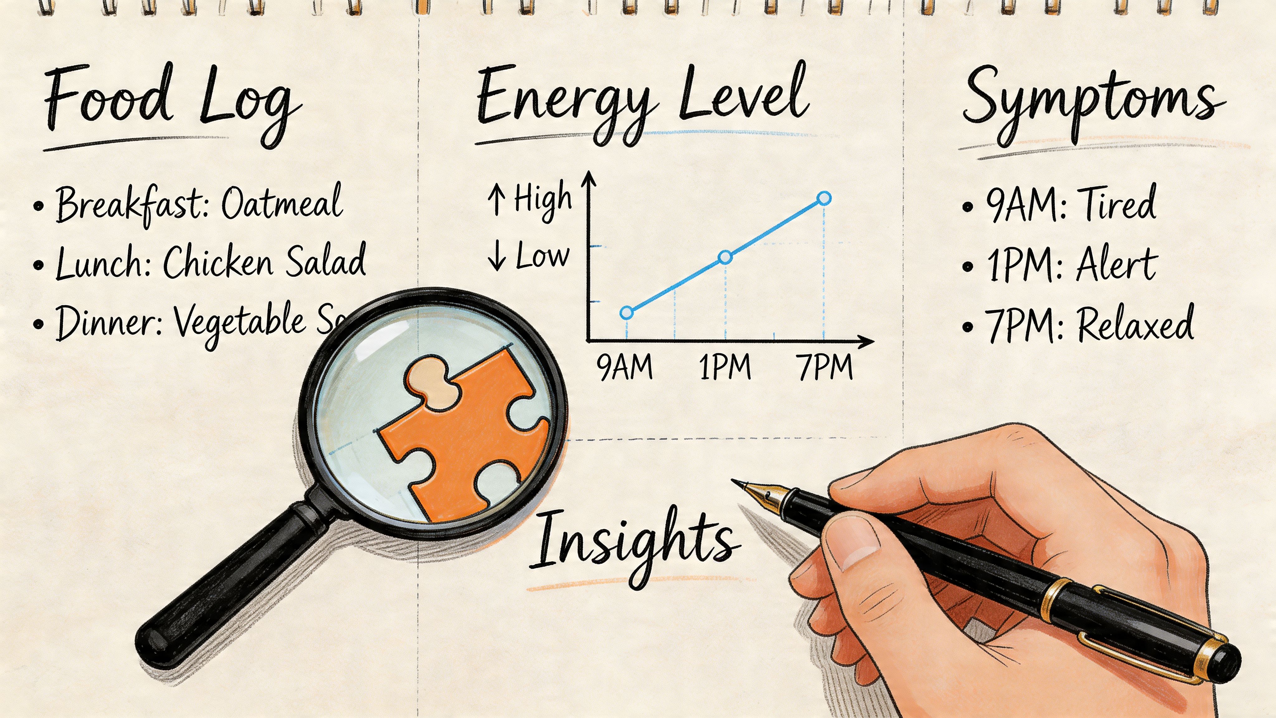 A hand holding a pen next to a food log, energy level chart, and magnifying glass illustration.