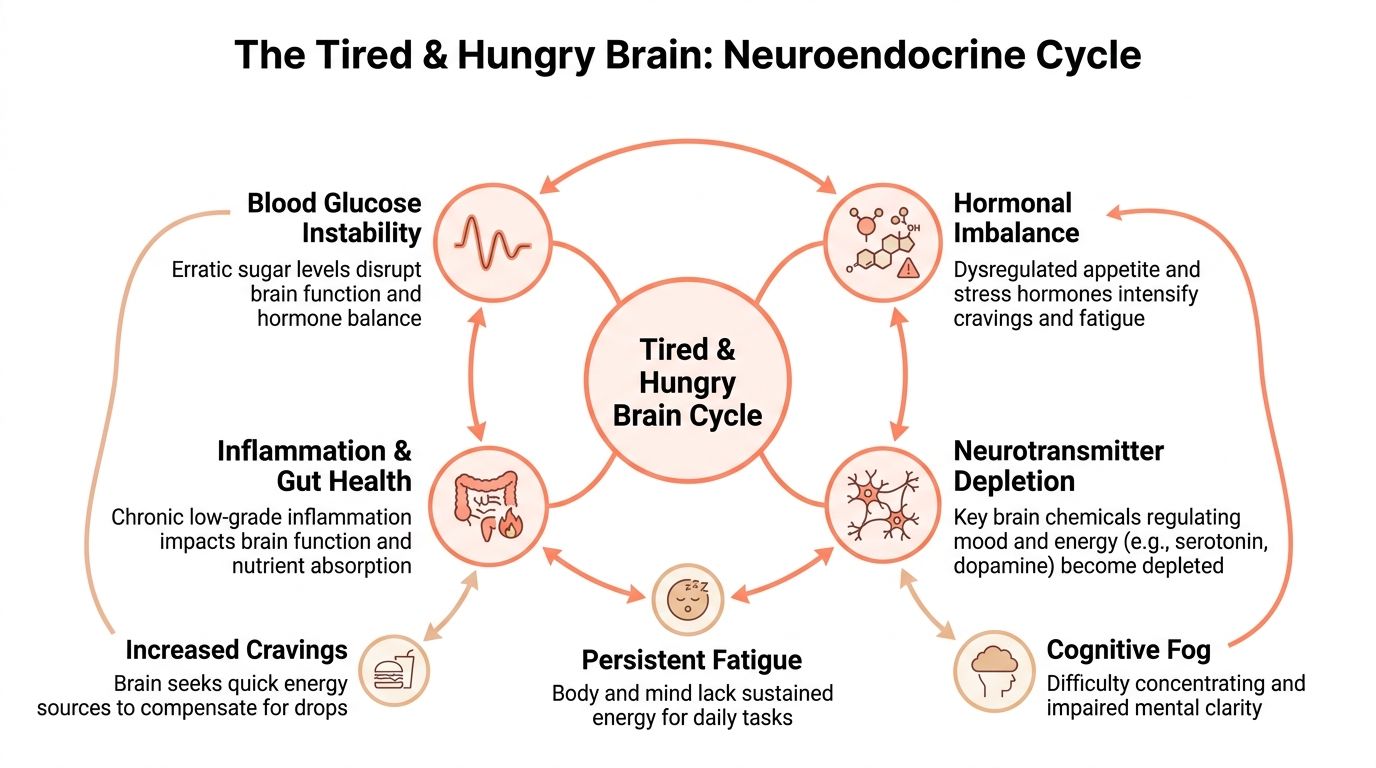 A diagram illustrating the neuroendocrine cycle of a tired and hungry brain, showing interconnected factors causing fatigue.