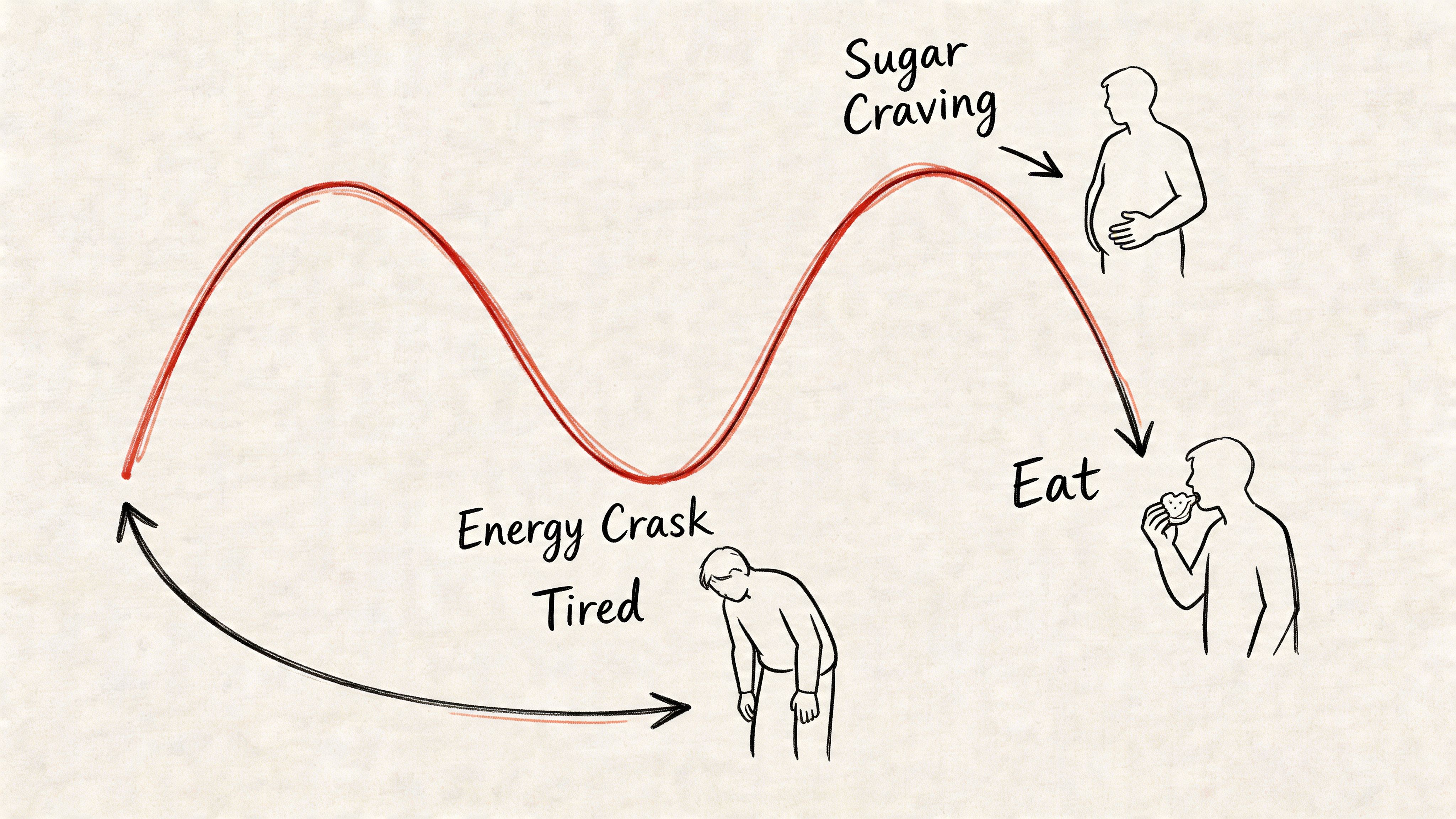 A hand-drawn diagram illustrating the cycle of energy crashes, sugar cravings, and the resulting eating habits.