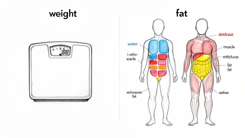 A diagram comparing a bathroom scale showing 'weight' and two human figures illustrating body composition, fat, muscle, and water.