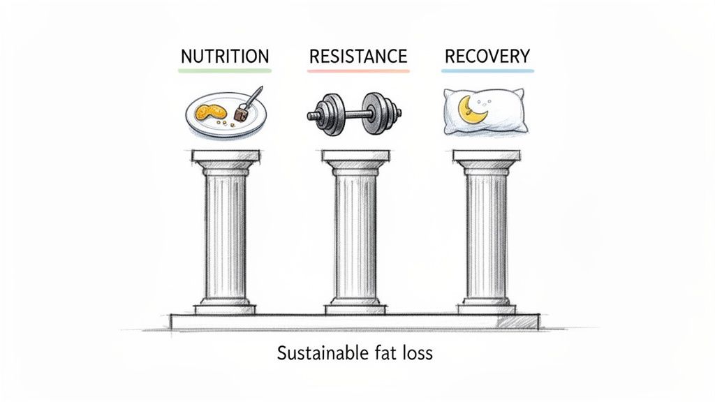 Three pillars illustrating sustainable fat loss: nutrition with food, resistance with a dumbbell, and recovery with a pillow.