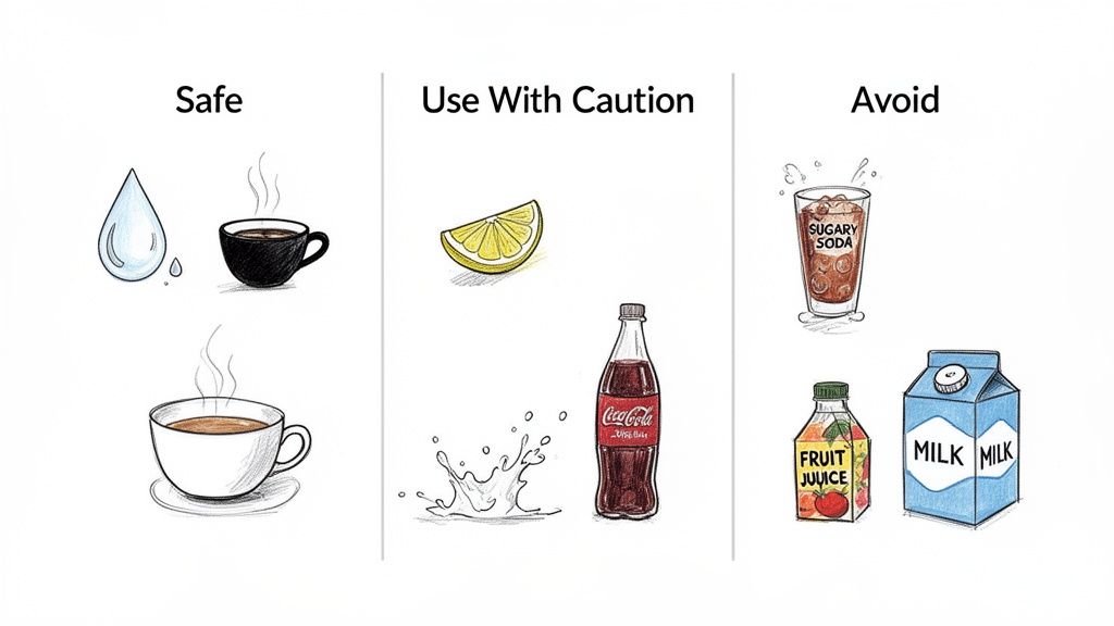 Chart illustrating safe, cautious, and avoidable drinks: water, coffee, lemon, soda, juice, milk.