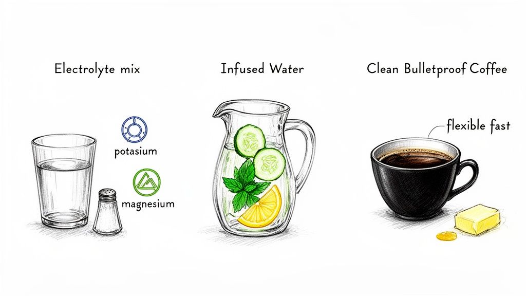 Three healthy drink options: electrolyte mix, infused water, and bulletproof coffee for flexible fasting.