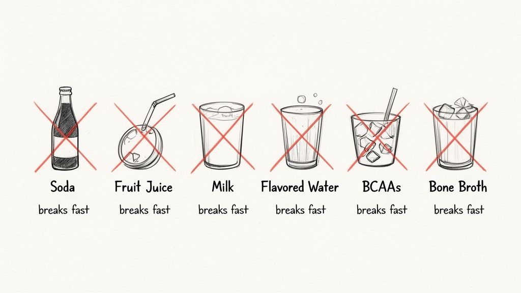 Visual guide illustrating various drinks that break a fast, including soda, fruit juice, and milk.