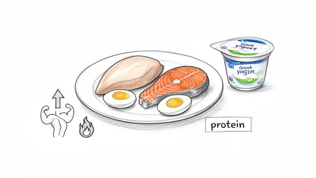 A visual representation of protein-rich foods like chicken, salmon, eggs, and Greek yogurt, promoting muscle growth and fat loss.