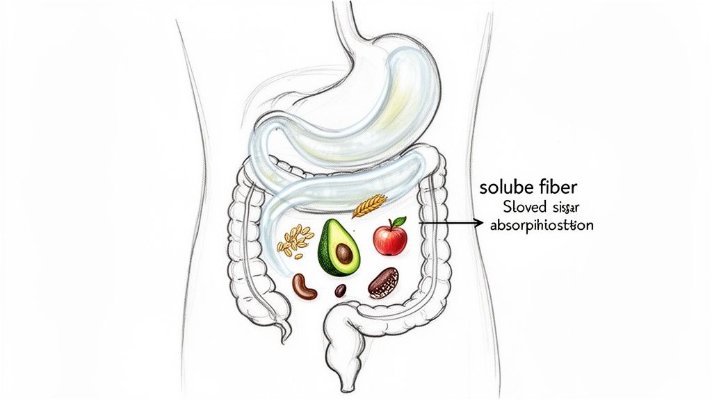 Illustration of human digestive system showing soluble fiber foods like avocado and oats slowing sugar absorption.