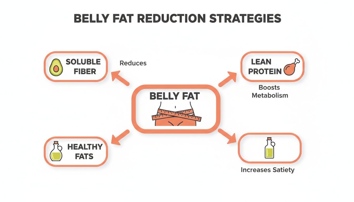 Infographic detailing belly fat reduction strategies: soluble fiber, lean protein, and healthy fats for metabolism and satiety.