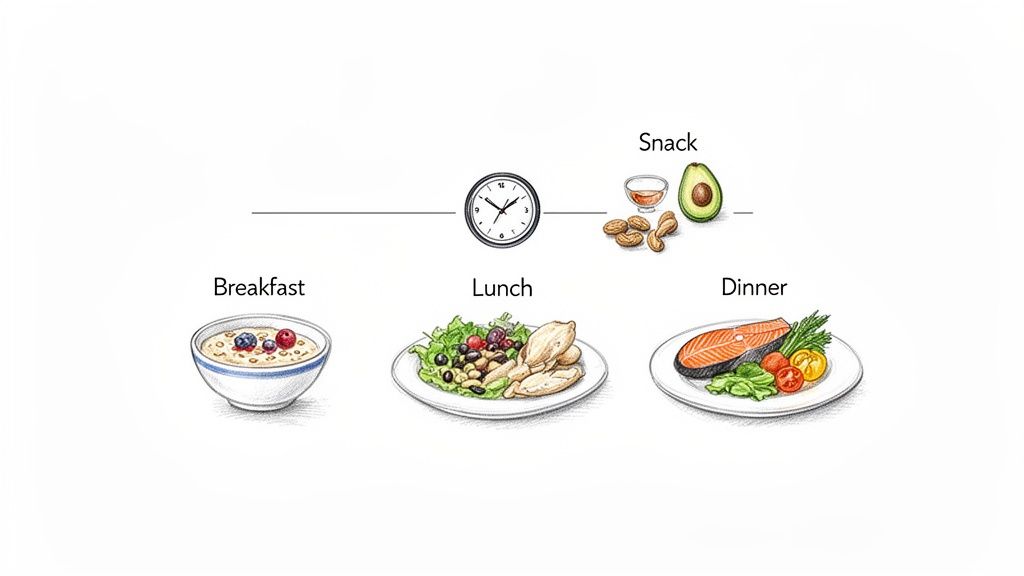 A visual daily meal plan showing breakfast, lunch, snack, and dinner options for healthy eating.