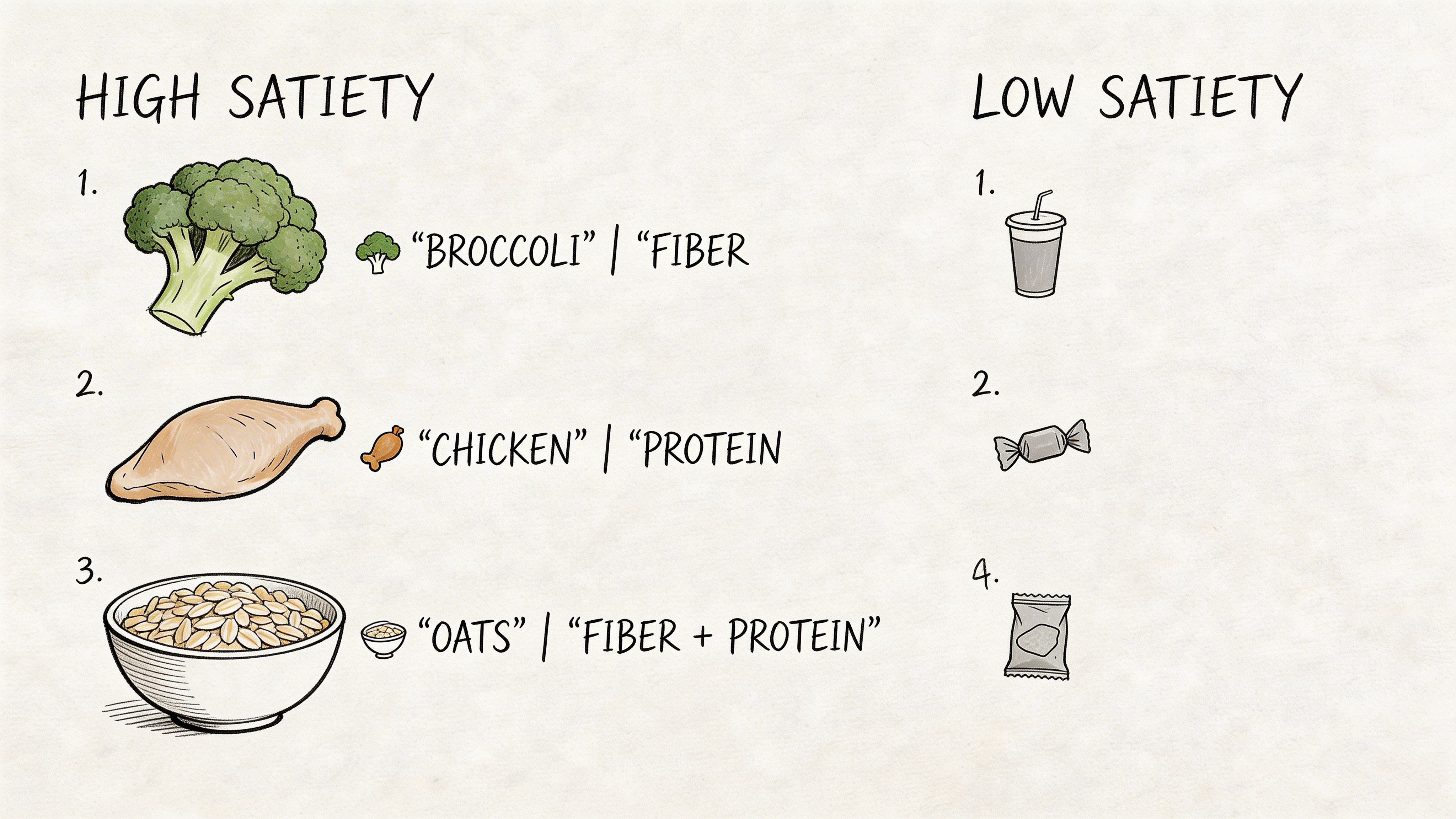 A comparison chart showing high satiety foods like broccoli and chicken versus low satiety processed items.