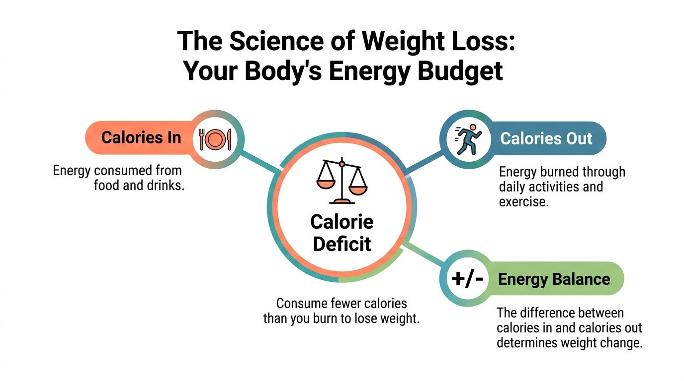 An infographic titled The Science of Weight Loss explaining energy budget, calorie deficit, and energy balance.