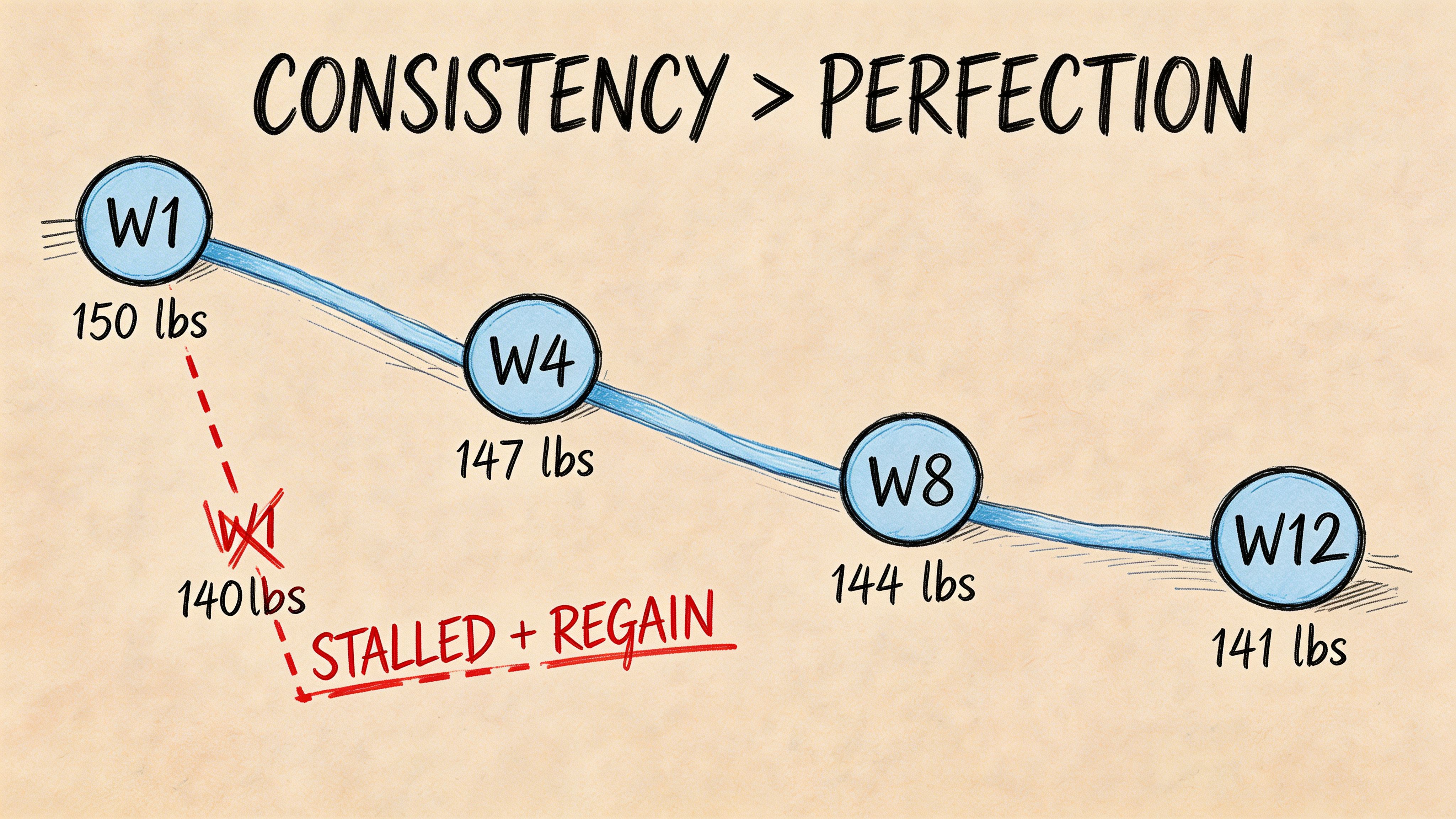 A hand-drawn chart illustrating that consistency is better than perfection for steady weight loss over time.