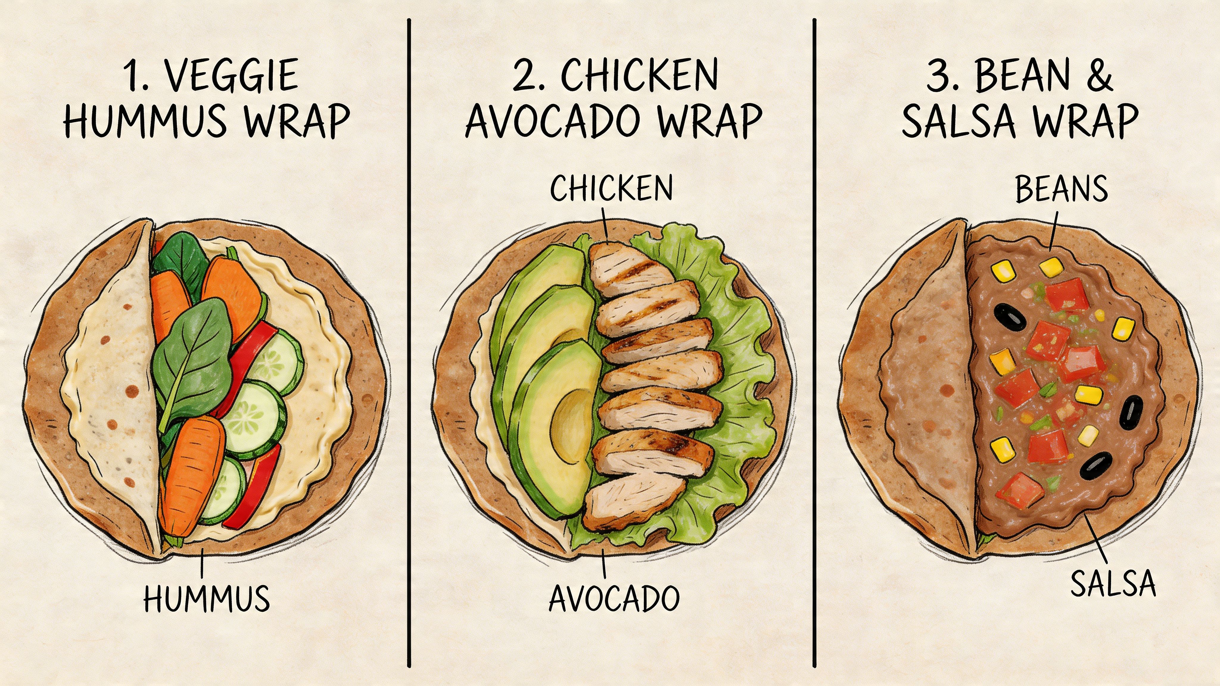 A hand-drawn illustration featuring three different whole wheat wraps including veggie hummus, chicken avocado, and bean salsa.
