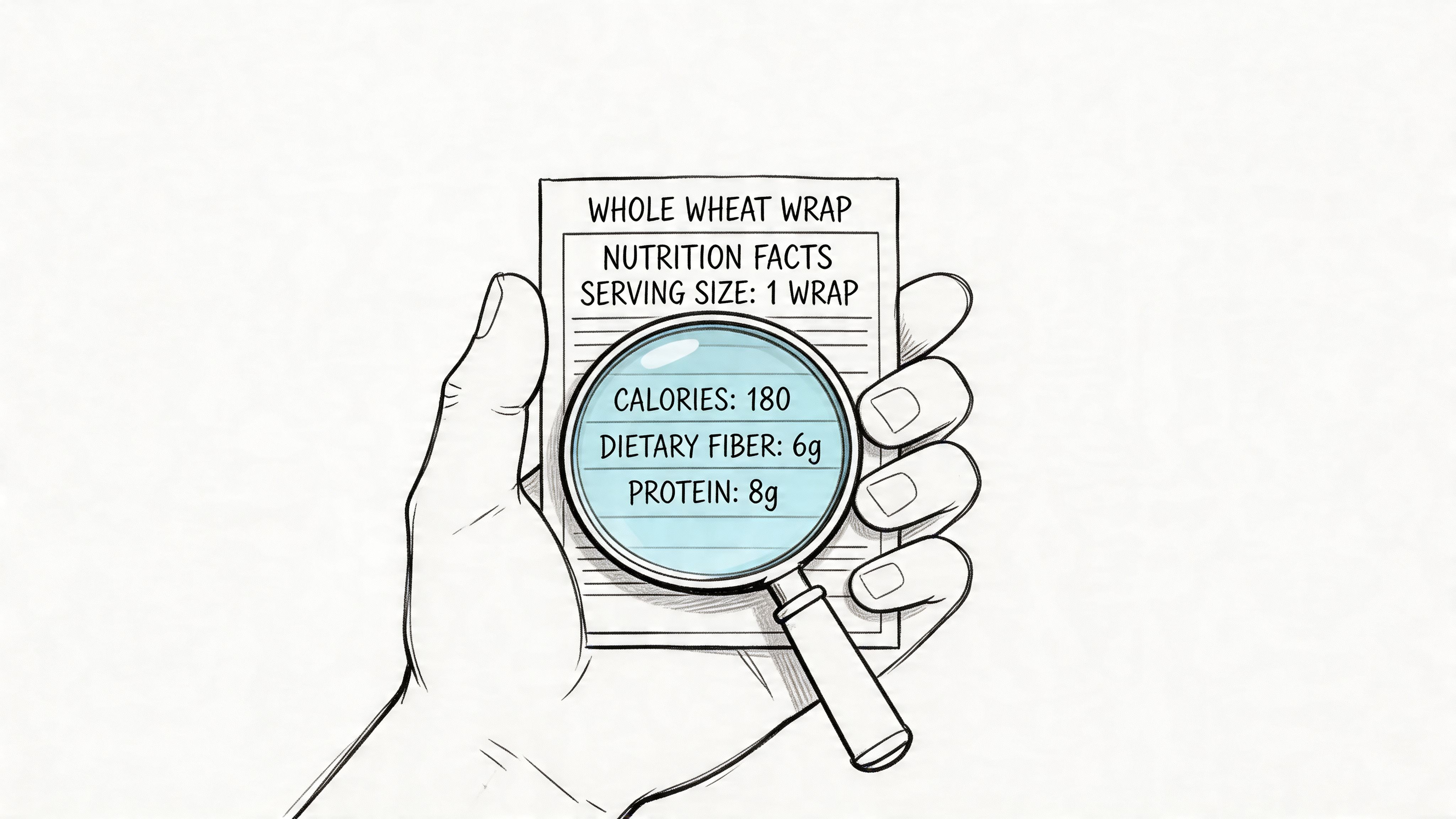 A hand holding a magnifying glass over a whole wheat wrap nutrition facts label, highlighting key stats.