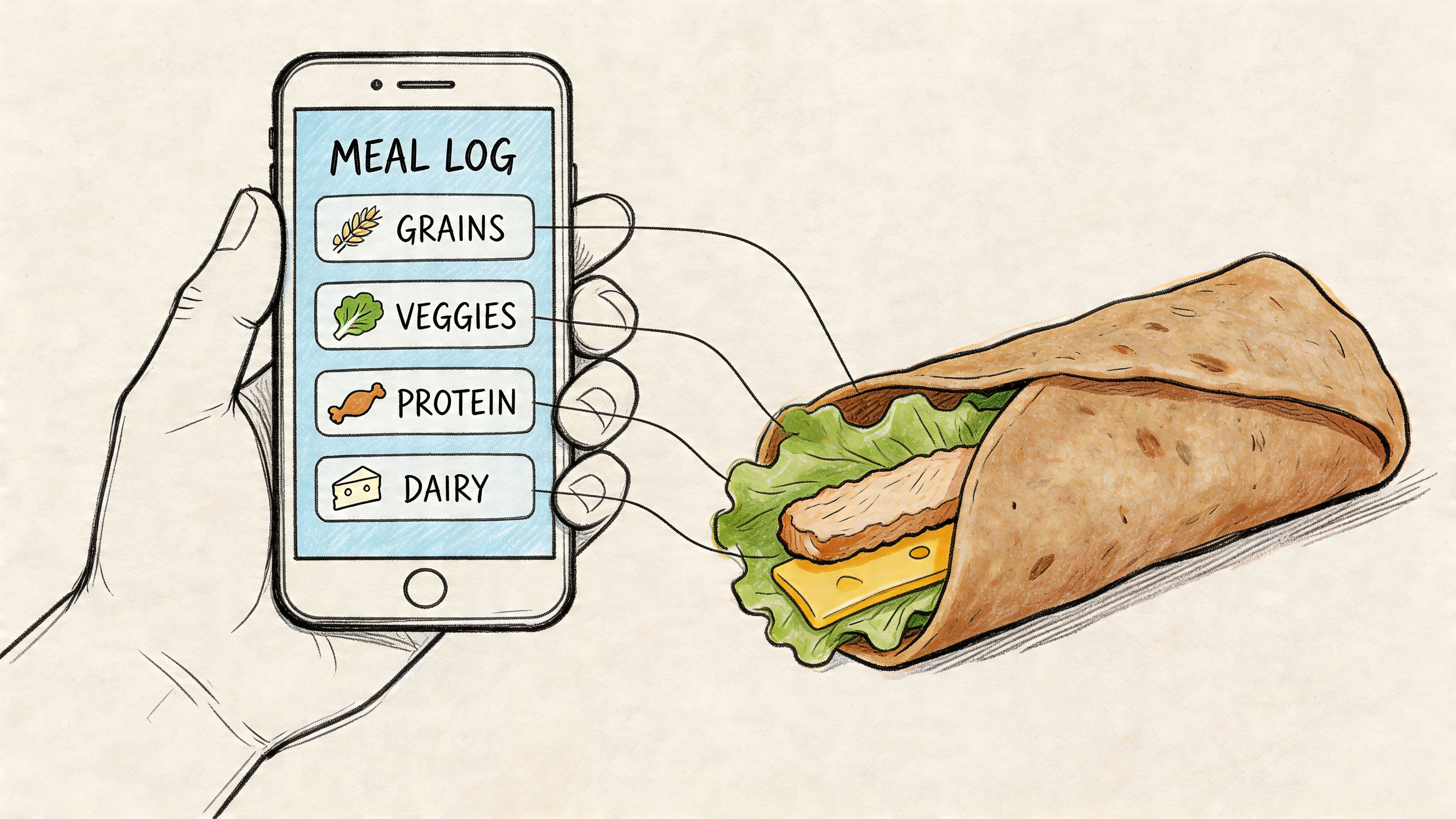 A hand holding a smartphone showing a meal log app identifying food groups in a wrap.
