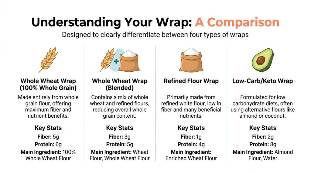 A comparison chart outlining the nutritional benefits and main ingredients of four different types of wraps.