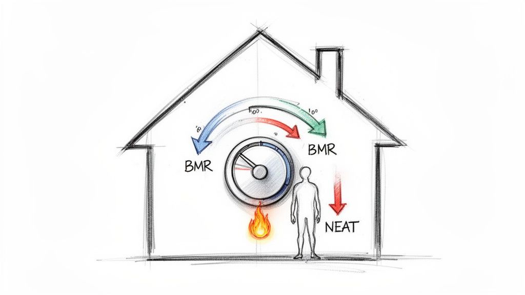Diagram illustrating human basal metabolic rate (BMR) and non-exercise activity thermogenesis (NEAT) within a house.