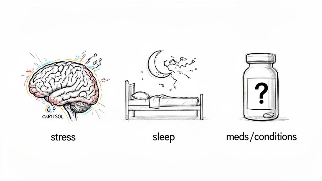 Illustrations of stress, sleep, and medications or health conditions as factors affecting wellness.